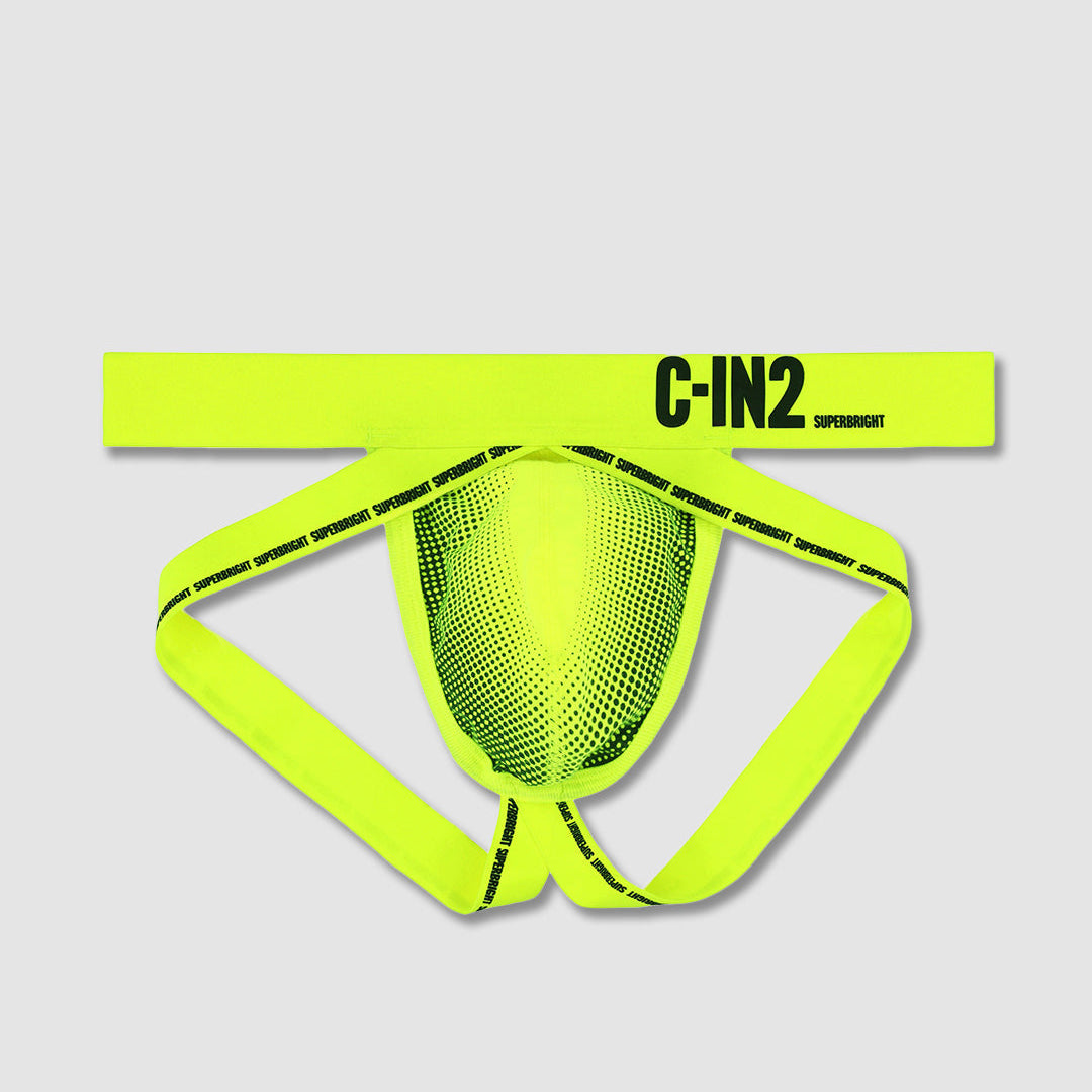 Neon yellow men's jockstrap with 'C-IN2' branding on a light gray background