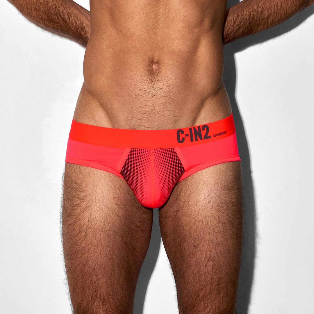 Red men's underwear with 'C-IN2' brand logo on a white background