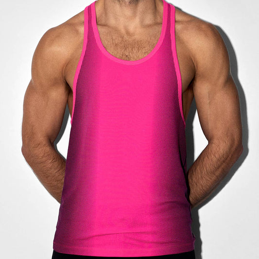 A man wearing a bright pink athletic tank top with a subtle grid texture, shown from the neck down against a light gray background.