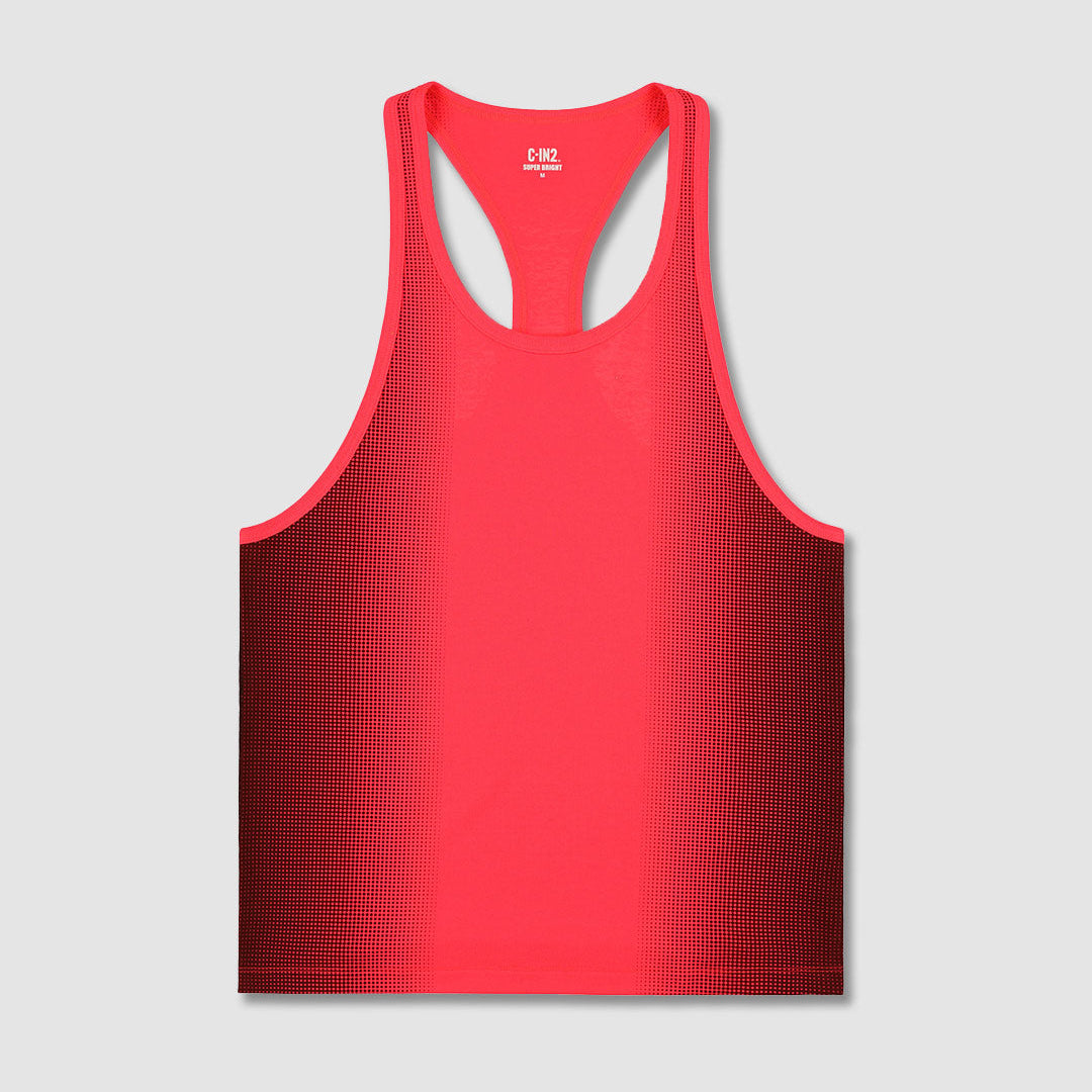 Red tank top with C-IN2 brand tag with a subtle pattern on a light gray background