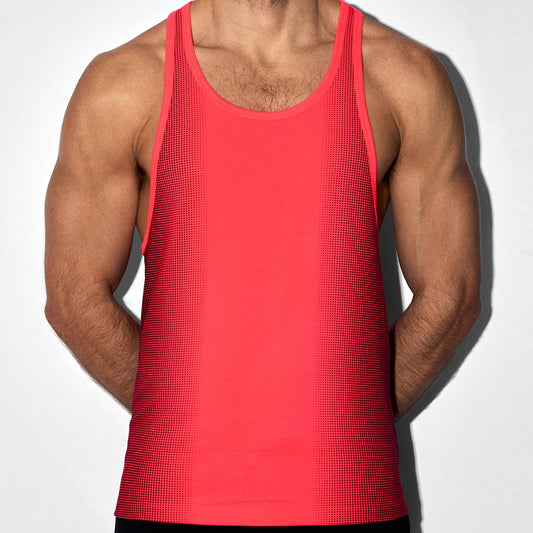 Person wearing a red tank top against a white background