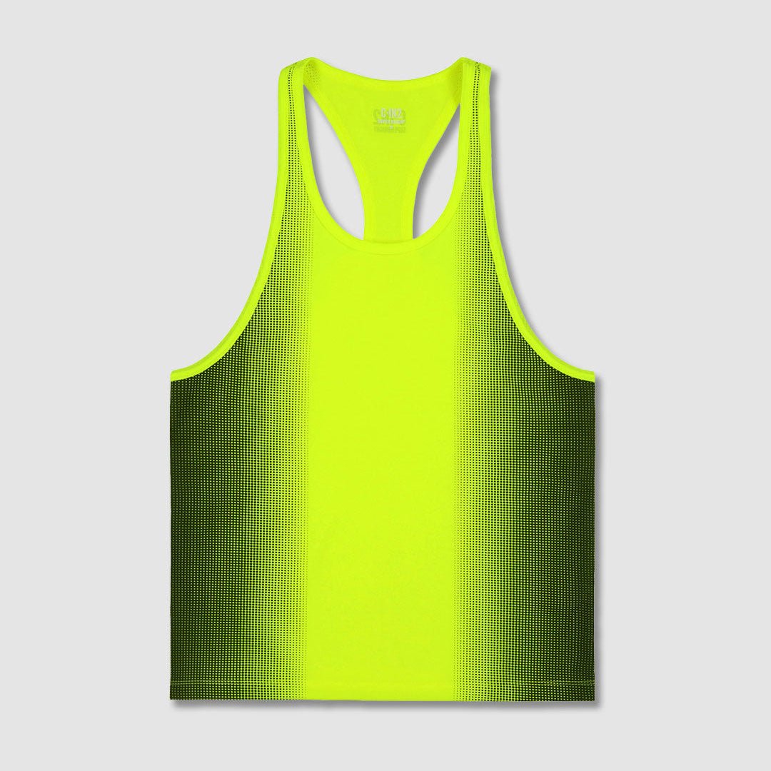 Yellow tank top with C-IN2 branding and a geometric pattern on a gray background