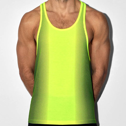 A man wearing a bright neon yellow-green athletic tank top with a subtle grid texture, shown from the waist up against a light gray background.