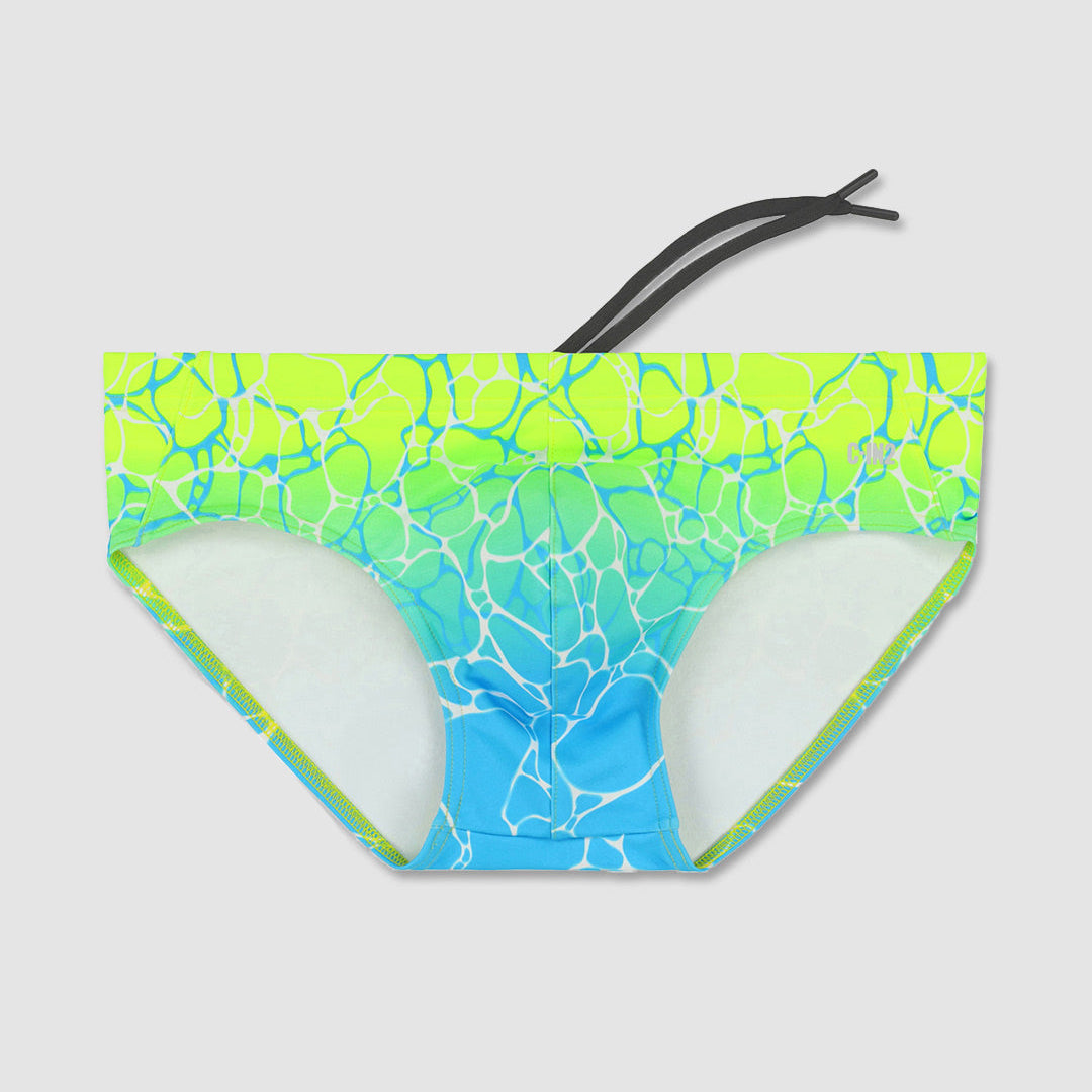 Bikini bottom with green and blue marble pattern with C-IN2 branding on a light gray background