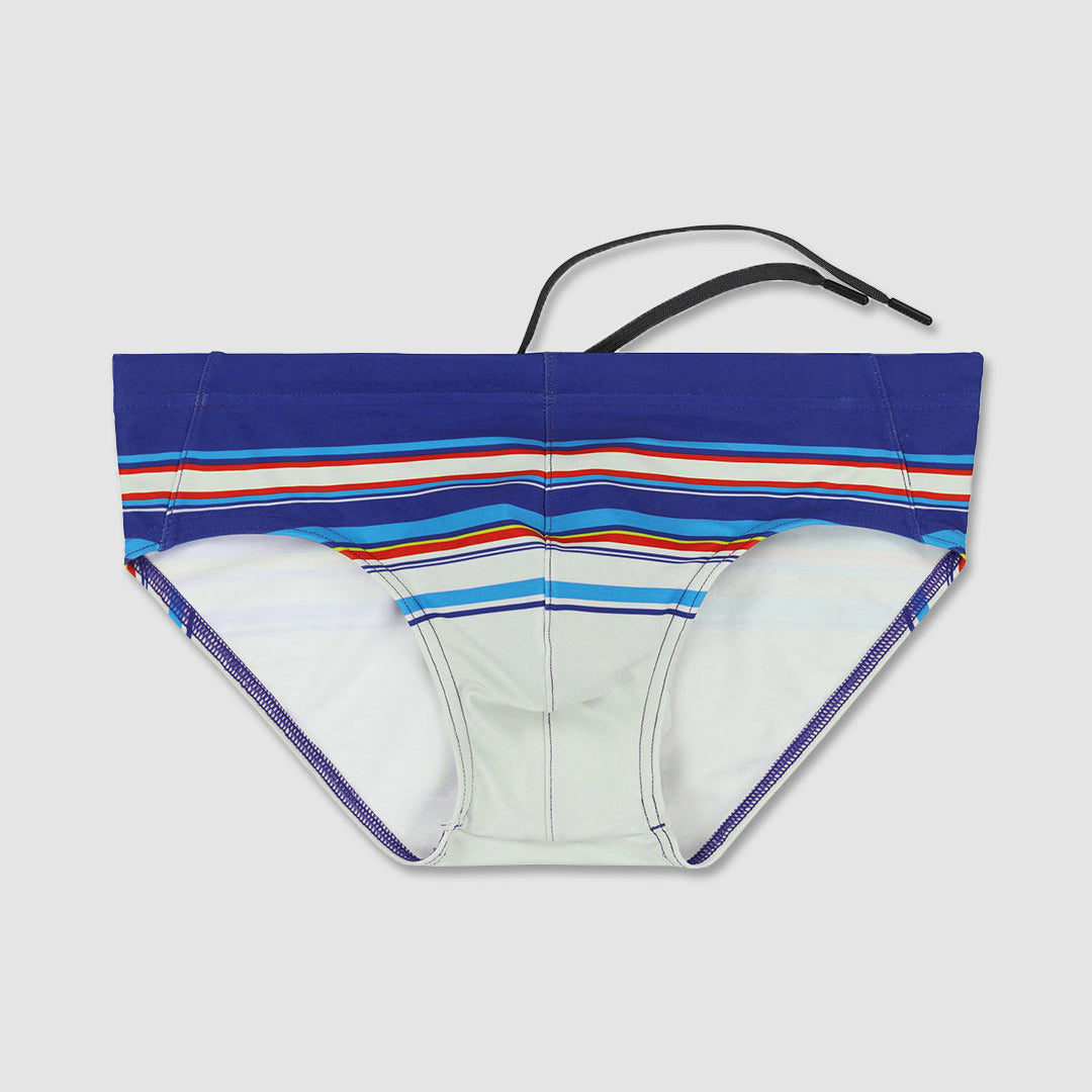 Men's bikini bottom with colorful blue striped top and white bottom on a light gray background
