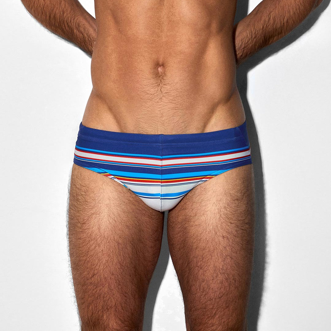 Man wearing a blue striped bikini swimsuit against a white background