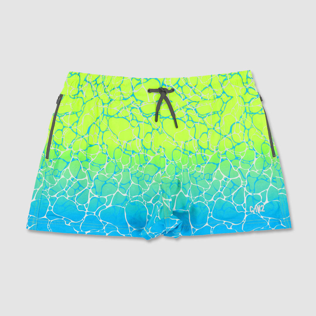 A pair of men's C-IN2 swim trunks featuring a vibrant water-ripple pattern with a neon yellow-green top half fading into a bright blue bottom half, complete with a black drawstring waist.