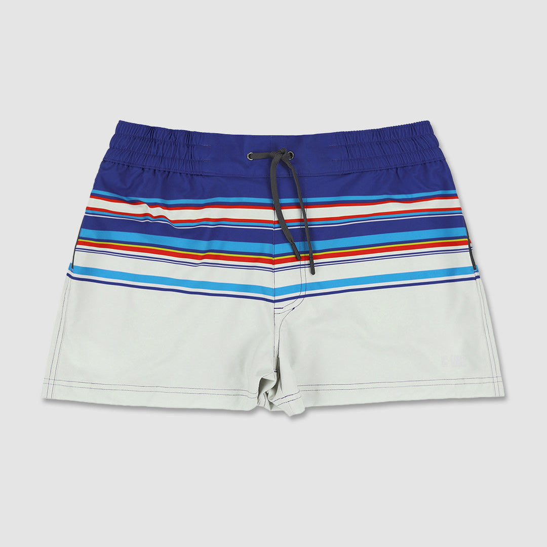 Multicolored striped shorts on a light gray background