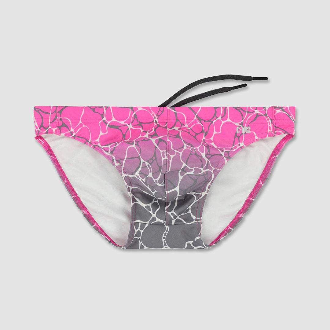 Pink and gray patterned men's bikini bottom on a light gray background