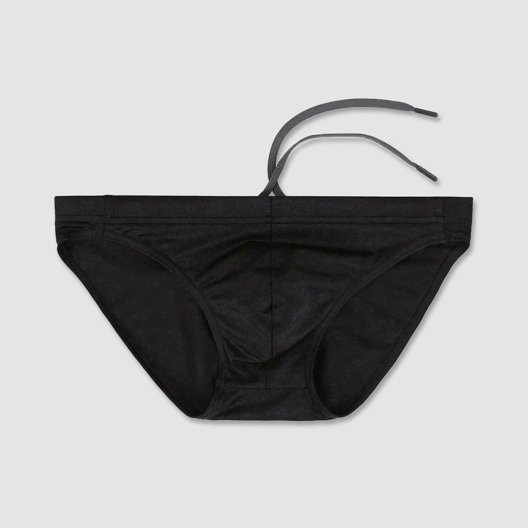 Black speedo bikini bottom with a thin dark gray drawstring detail, shown flat against a light gray background