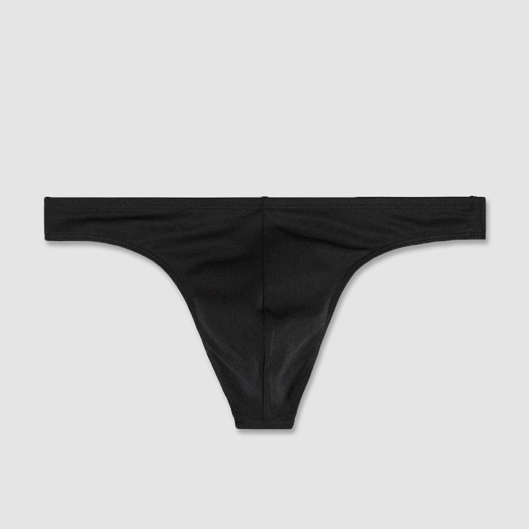 Black men's bikini bottom on a light gray background