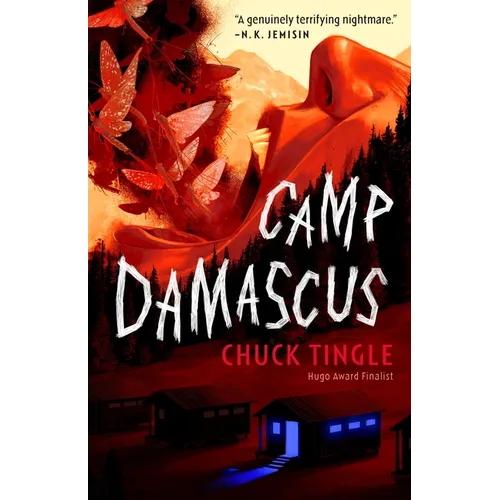 Book cover of 'Camp Damascus' by Chuck Tingle with a fiery design and text.