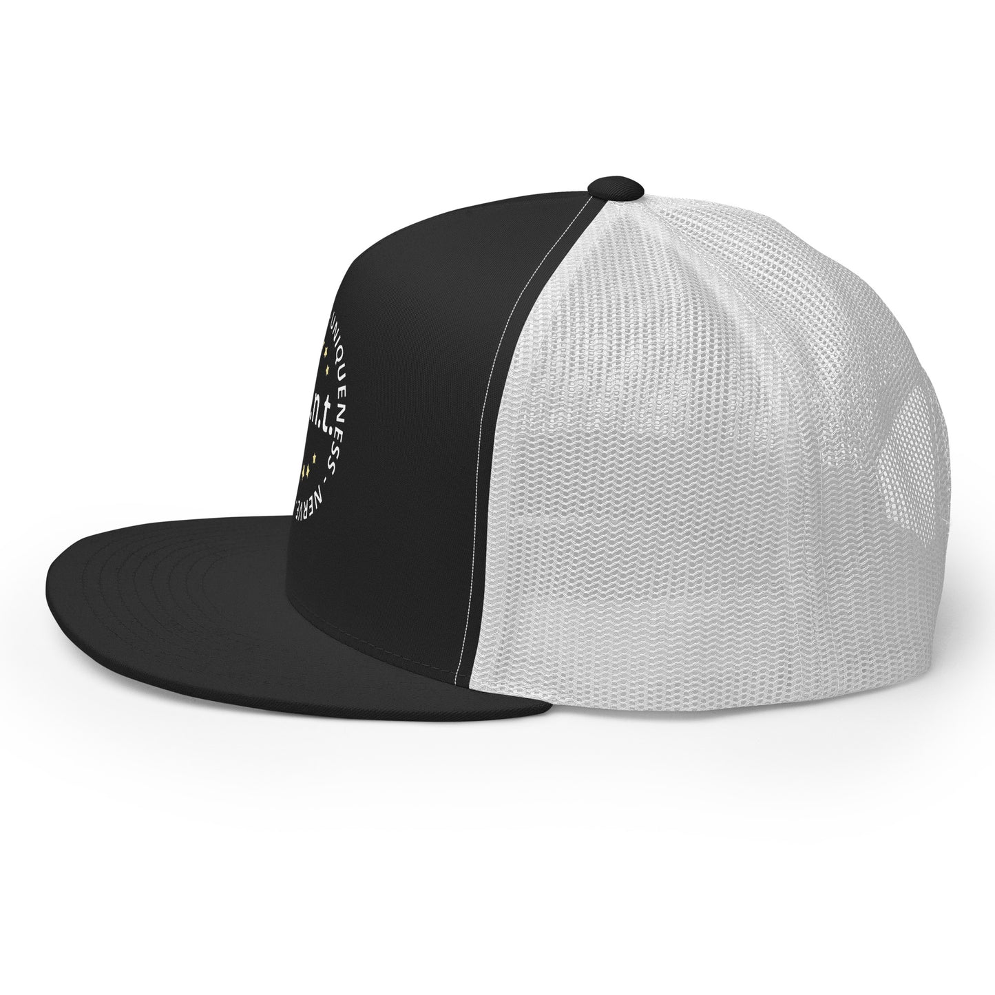 Charisma Uniqueness Nerve and Talent Trucker Baseball Cap Hat charisma-uniqueness-nerve-and-talent-trucker-baseball-cap-hat-black-white-left
