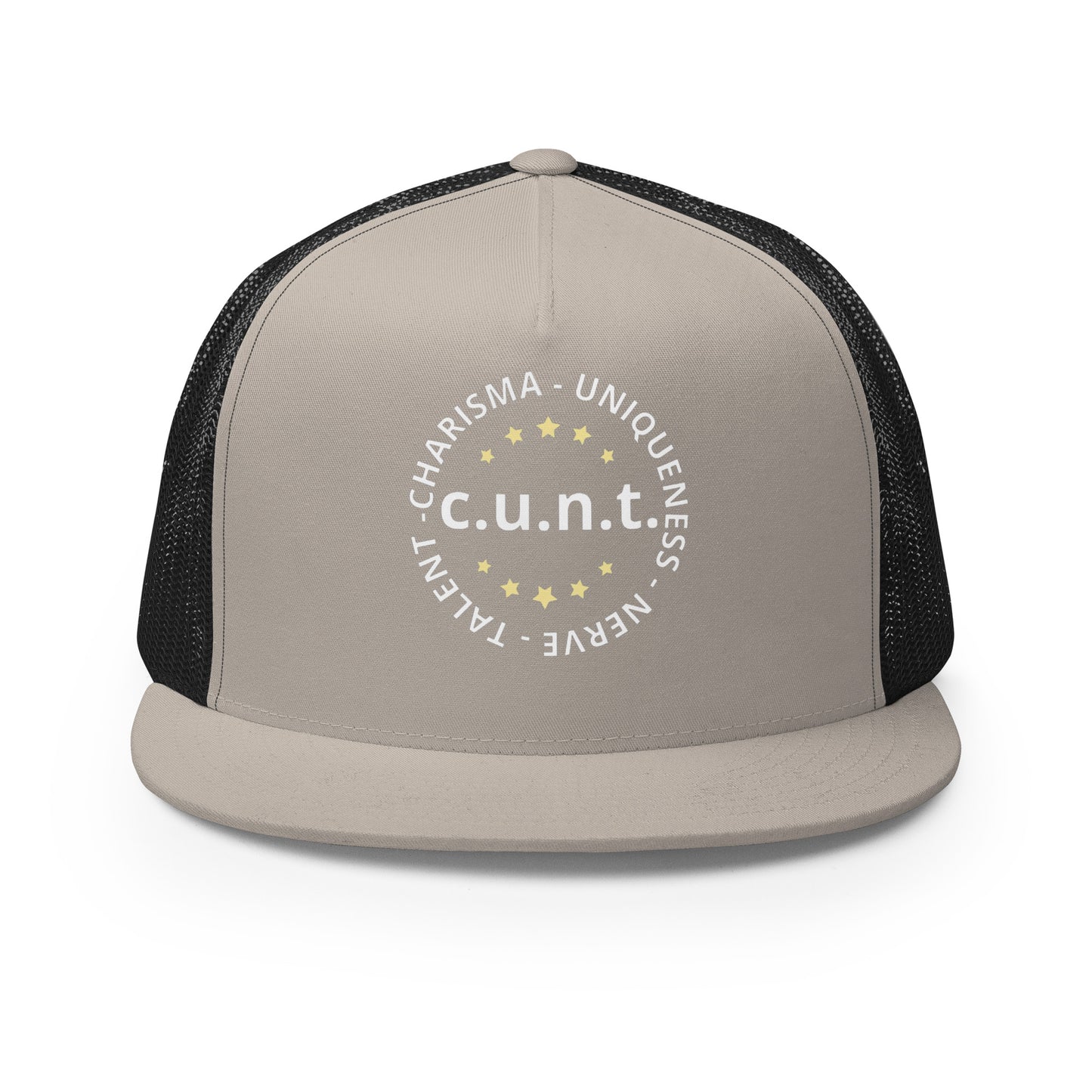 Charisma Uniqueness Nerve and Talent Trucker Baseball Cap Hat Silver Black charisma-uniqueness-nerve-and-talent-trucker-baseball-cap-hat-silver-black-front