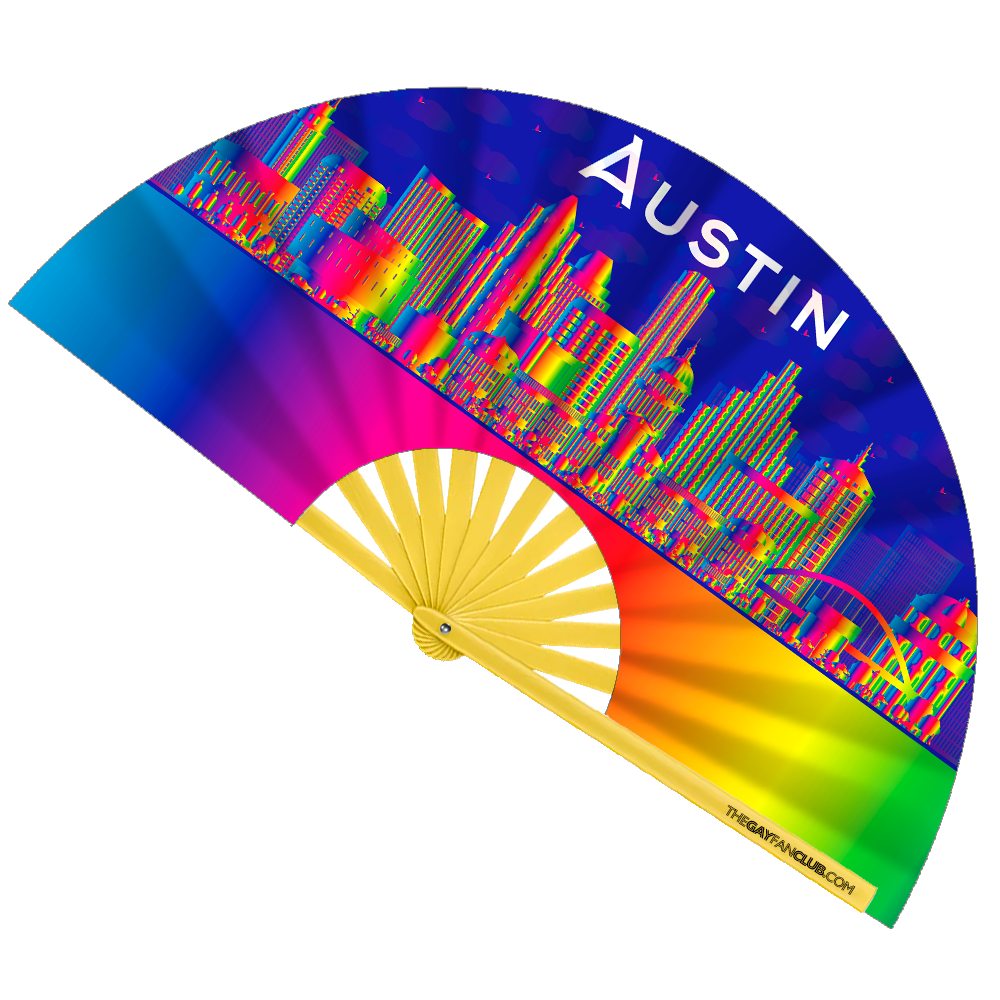 Clack Hand Fan - Austin Pride Rainbow (UV) clack-hand-fan-austin-pride-rainbow-uv-front