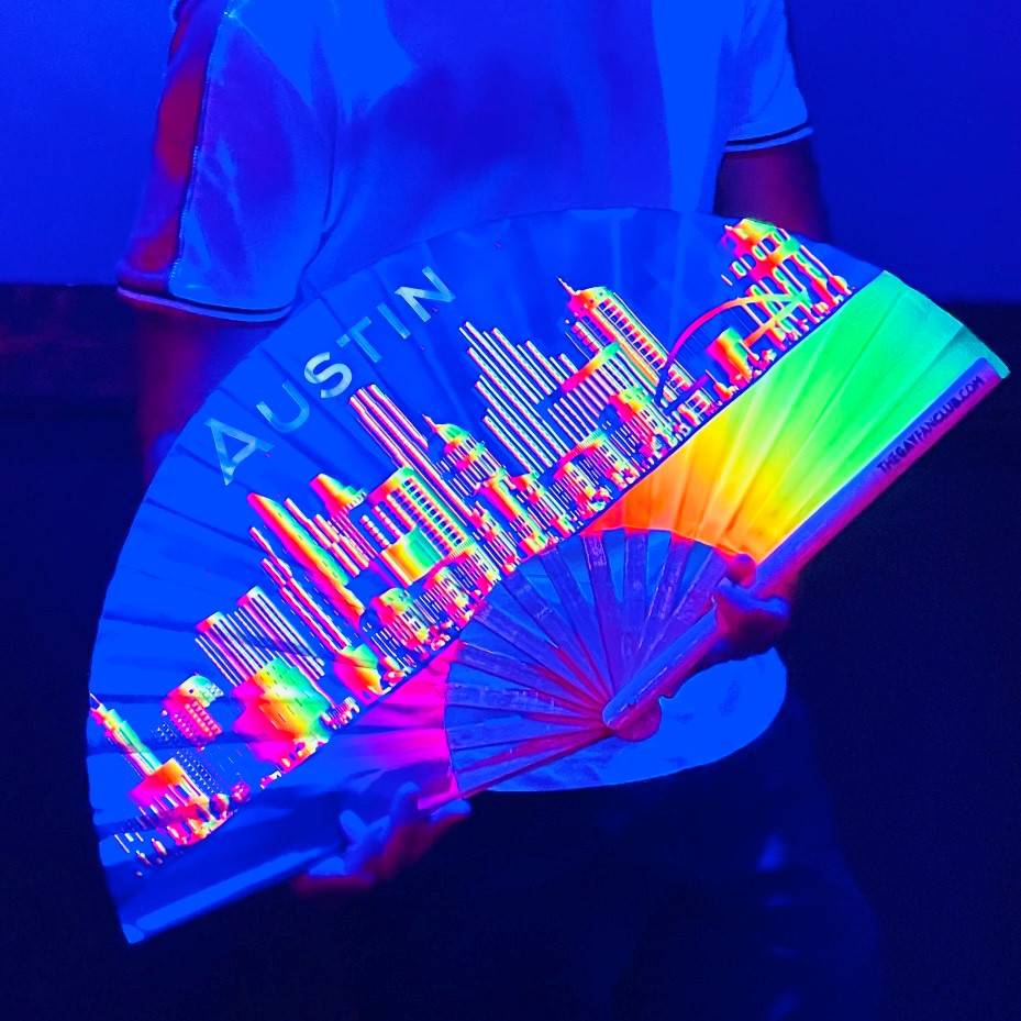Clack Hand Fan - Austin Pride Rainbow (UV) clack-hand-fan-austin-pride-rainbow-uv-the-gay-fan-club-blacklight