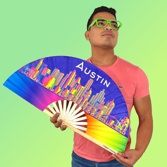 Clack Hand Fan - Austin Pride Rainbow (UV) clack-hand-fan-austin-pride-rainbow-uv-the-gay-fan-club-lifestyle