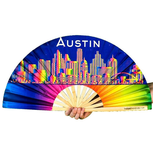 Clack Hand Fan - Austin Pride Rainbow (UV) clack-hand-fan-austin-pride-rainbow-uv-the-gay-fan-club