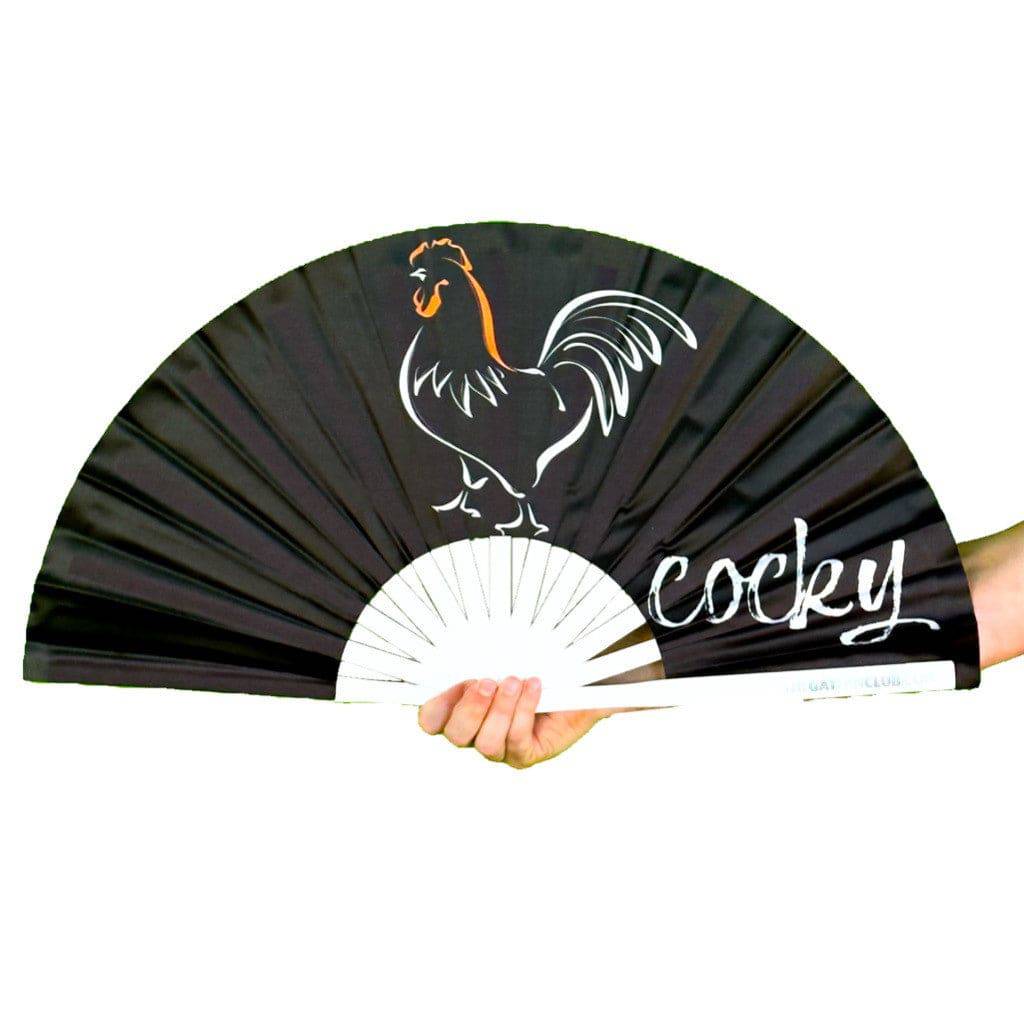Handheld fan with rooster design and 'cocky' text on a black background