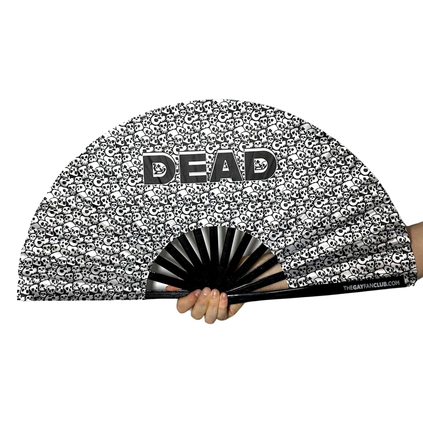 Handheld fan with skull pattern and 'DEAD' text on a white background