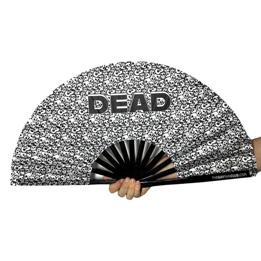 Handheld fan with skull pattern and 'DEAD' text on a white background