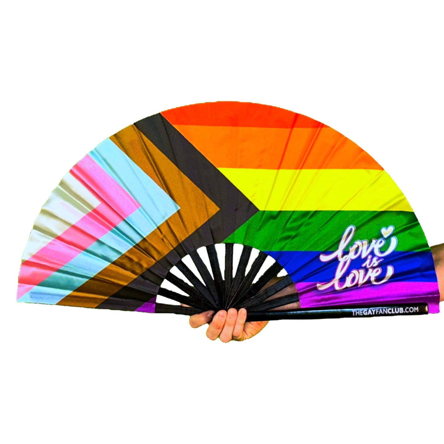 Clack Hand Fan - LGBTQ Progress Pride Rainbow Flag clack-hand-fan-lgbtq-progress-pride-rainbow-flag-the-gay-fan-club