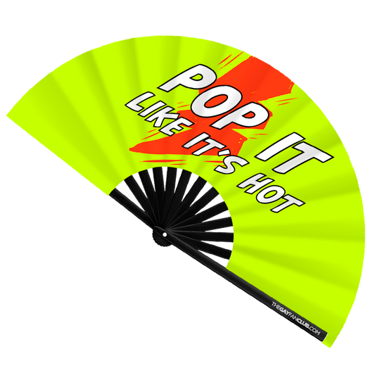 Handheld fan with bright green surface, red and black text, and black handle on a white background.