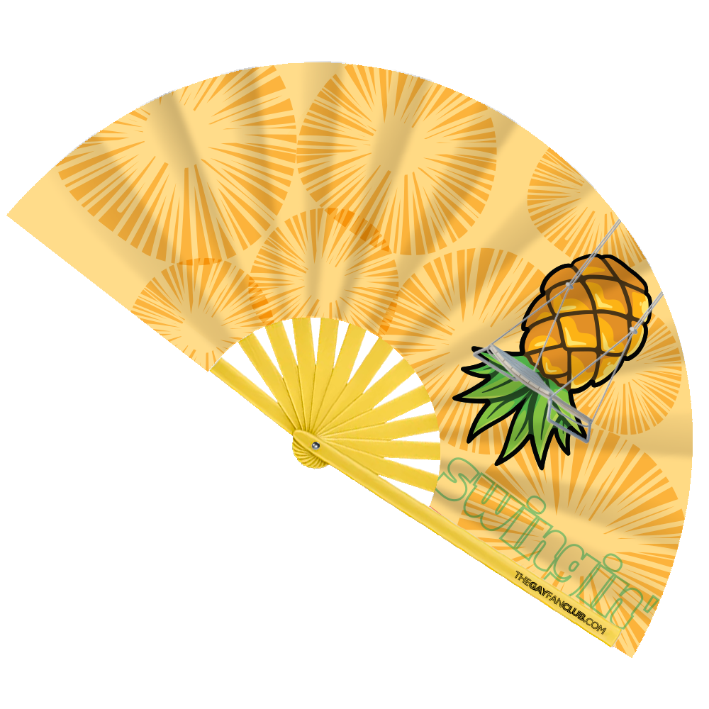 Yellow hand fan with upside-down pineapple design on a white background