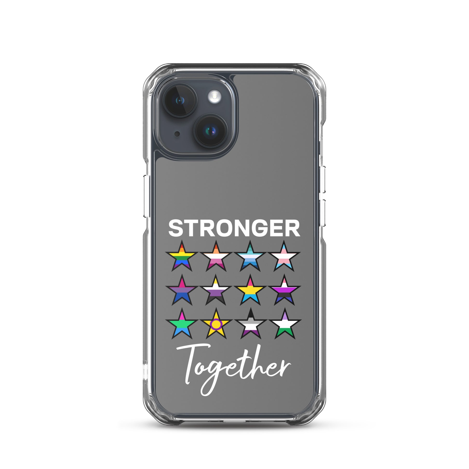 LGBTQ Pride Apple iPhone Case - Stronger Together iPhone 15 Pride clear-case-for-iphone-iphone-15-case-on-phone-66f83be6117d6