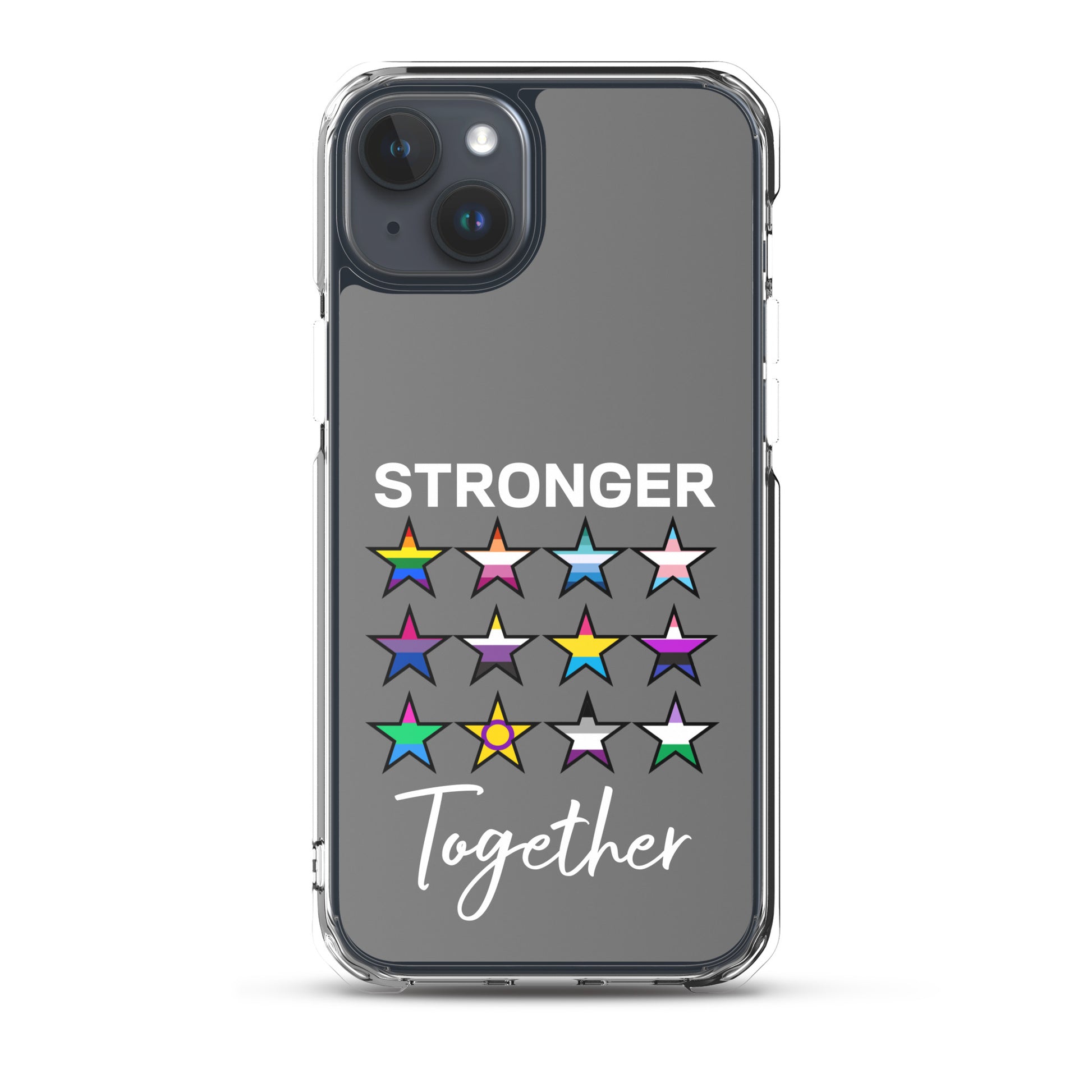 LGBTQ Pride Apple iPhone Case - Stronger Together iPhone 15 Plus Pride clear-case-for-iphone-iphone-15-plus-case-on-phone-66f83be611186