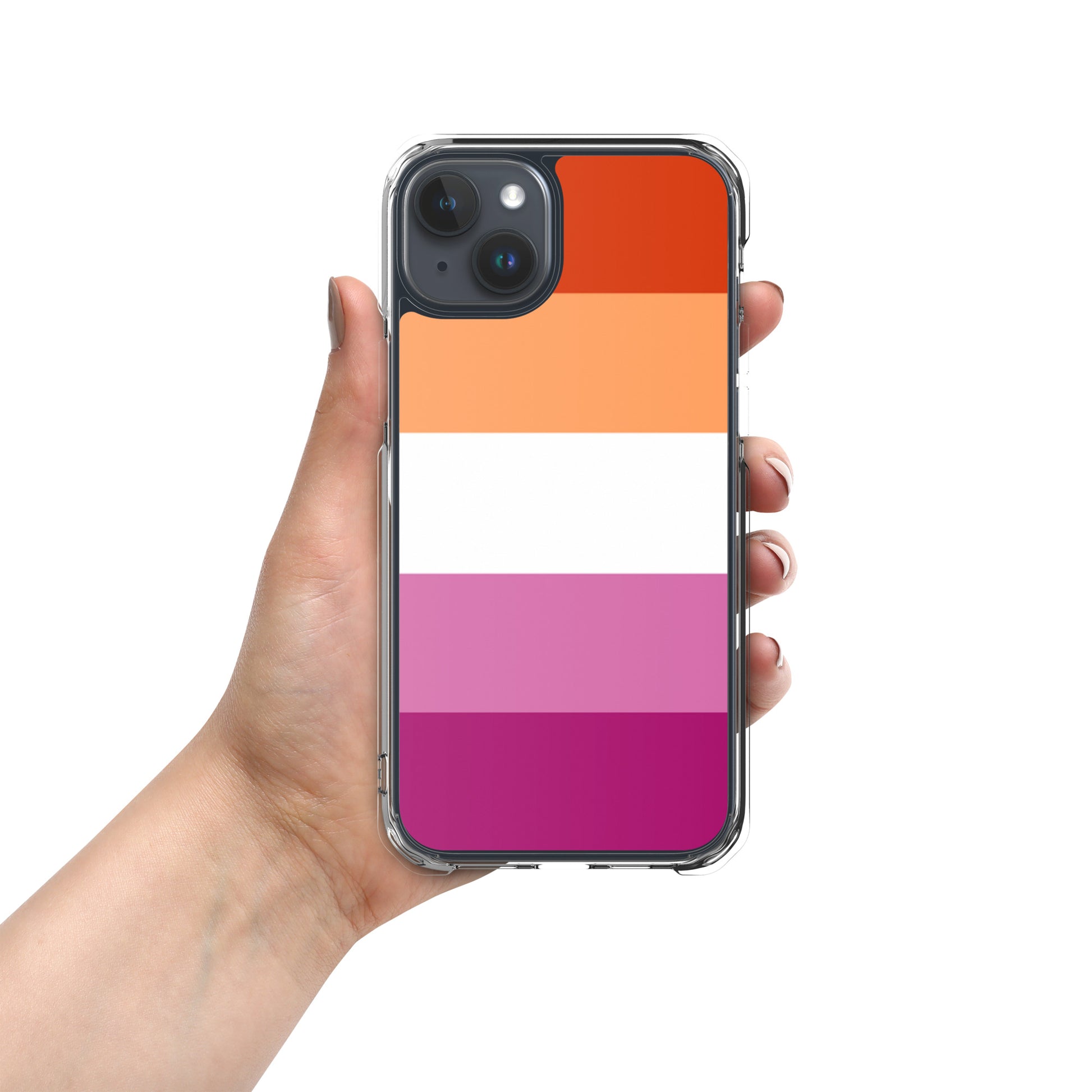 Lesbian Pride Flag Apple iPhone Cell Phone Case iPhone 15 Plus Lesbian clear-case-for-iphone-iphone-15-plus-case-on-phone-674ce1974147d