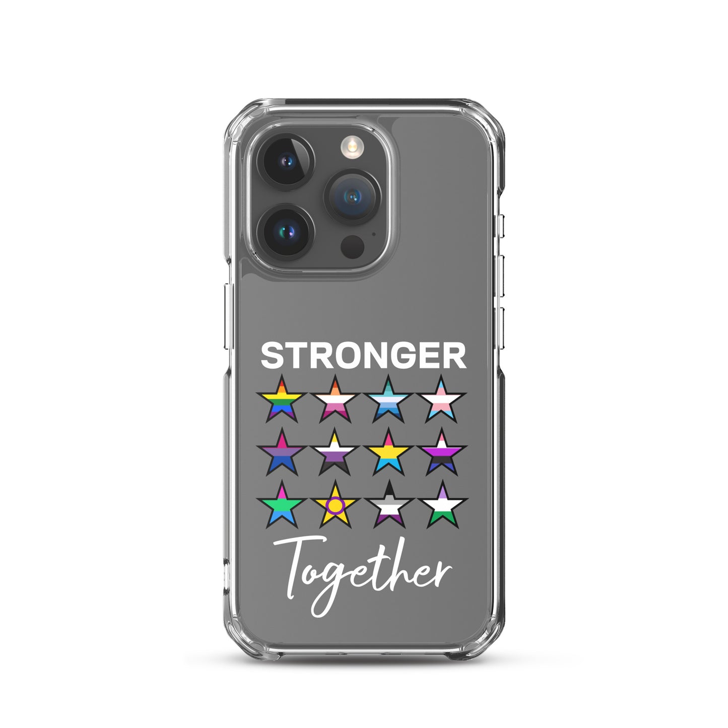 LGBTQ Pride Apple iPhone Case - Stronger Together iPhone 15 Pro Pride clear-case-for-iphone-iphone-15-pro-case-on-phone-66f83be6115d0