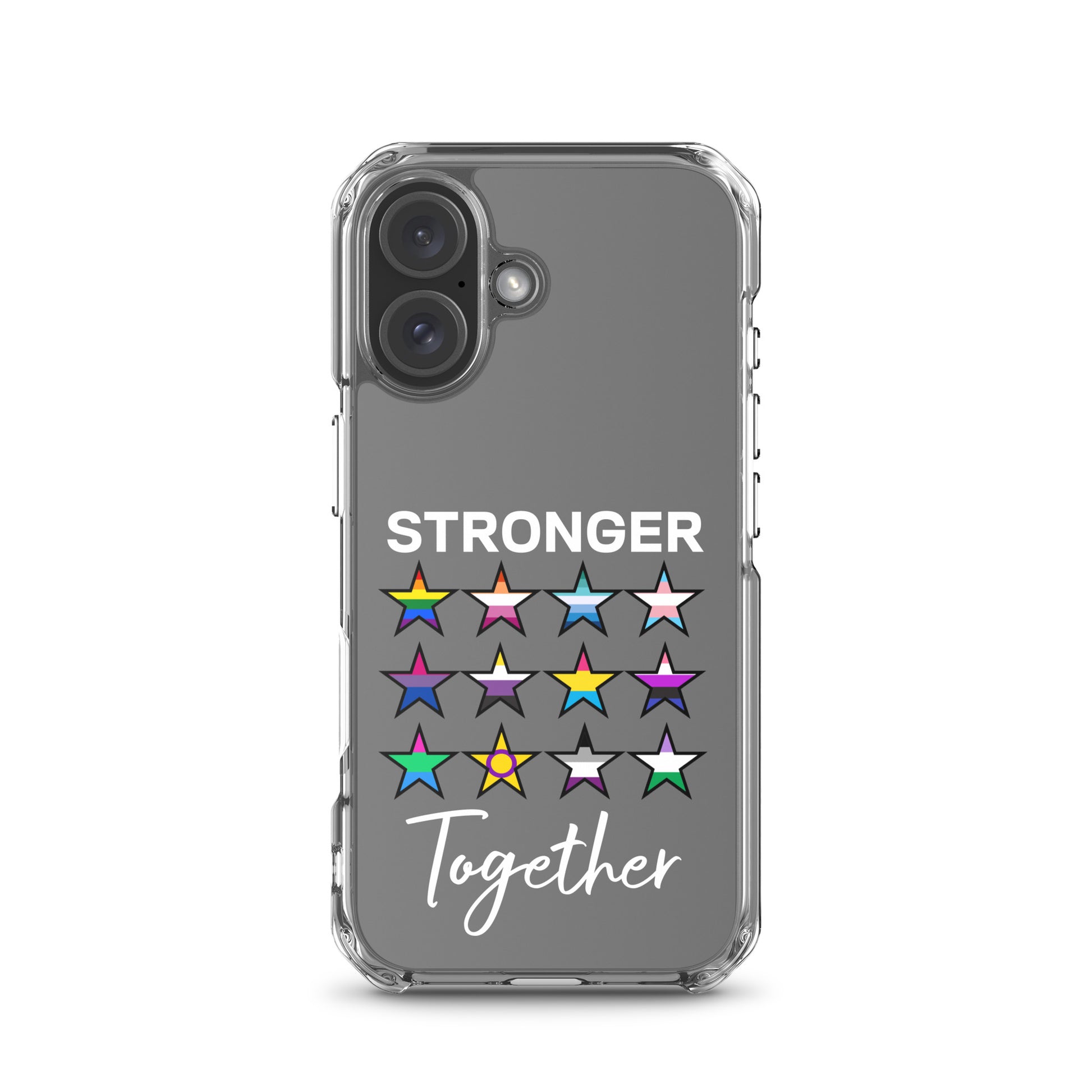 LGBTQ Pride Apple iPhone Case - Stronger Together iPhone 16 Pride clear-case-for-iphone-iphone-16-case-on-phone-66f83be611eed