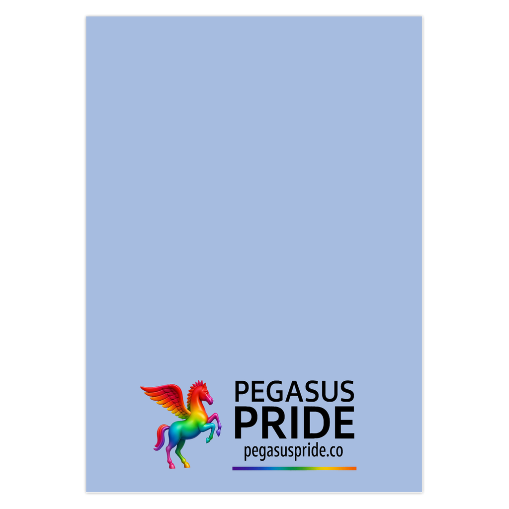 back of card with a Pegasus Pride logo with a rainbow-colored Pegasus on a light blue background