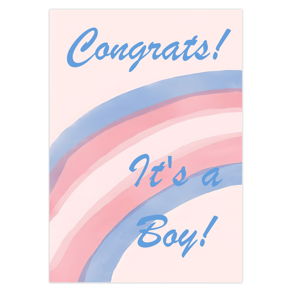 Card with trans rainbow design and 'Congrats! It's a Boy!' text on a light pink background