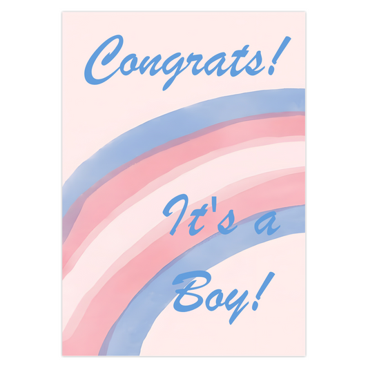 Card with trans rainbow design and 'Congrats! It's a Boy!' text on a light pink background