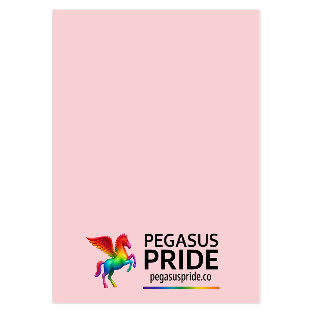 Pink card with a rainbow-colored Pegasus logo and 'Pegasus Pride' text on a white background