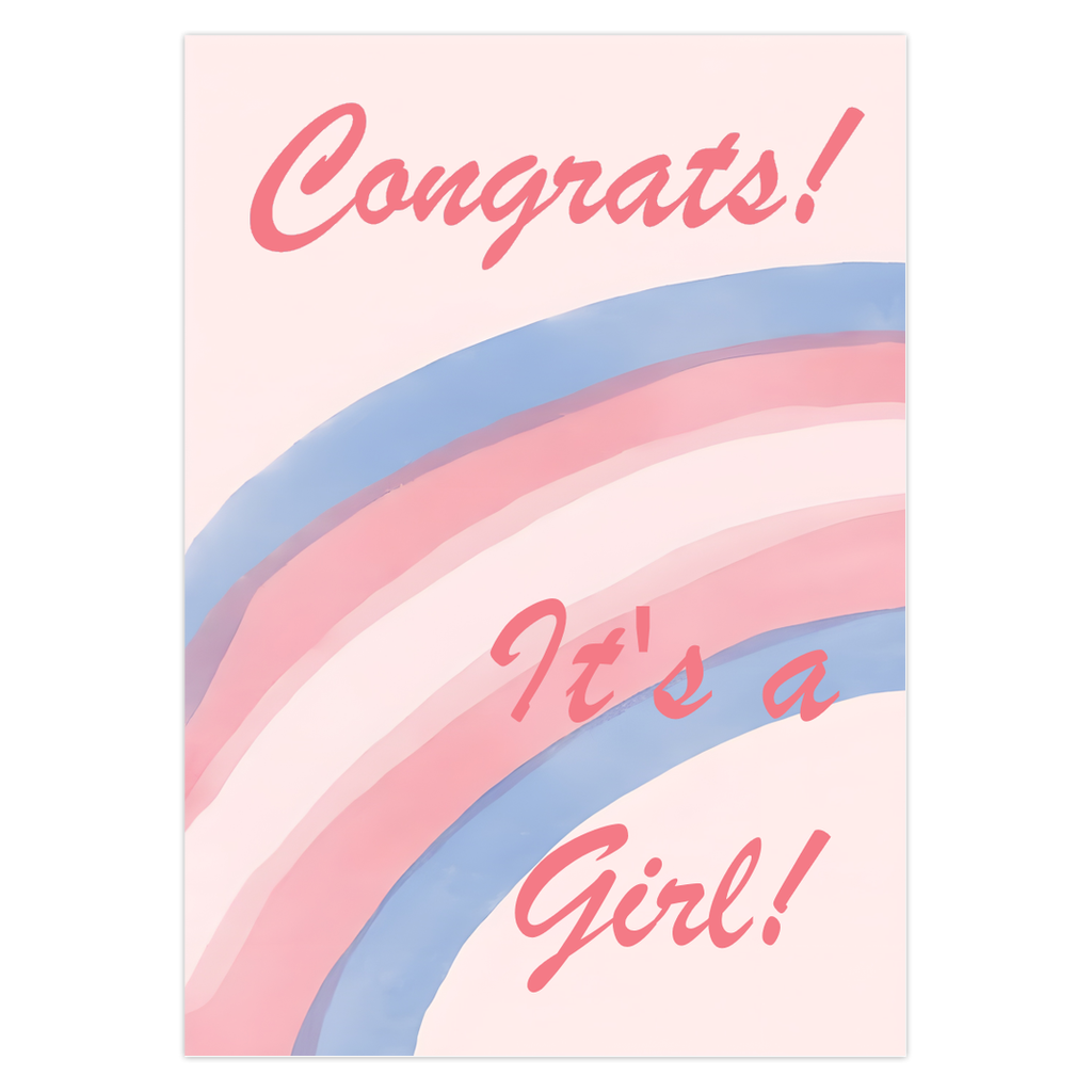 Card with 'Congrats! It's a girl!' text and rainbow design on a pink background with a trans rainbow