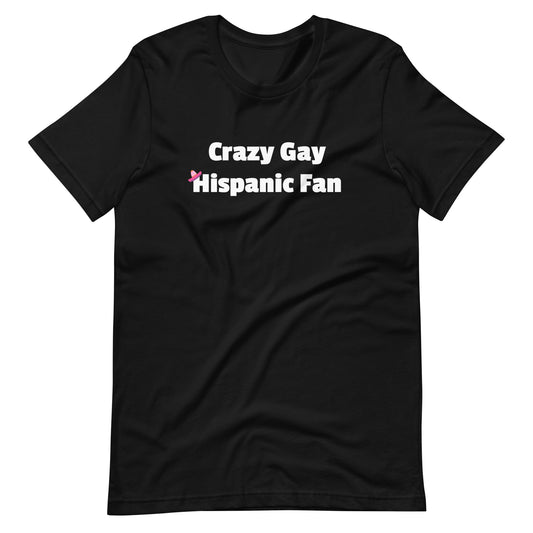 Black t-shirt with 'Crazy Gay Hispanic Fan' text from San Antonio Spurs viral video on a white background