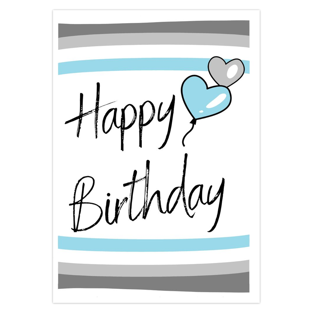 demiboy Birthday card with blue heart balloon and horizontal stripes on a white background