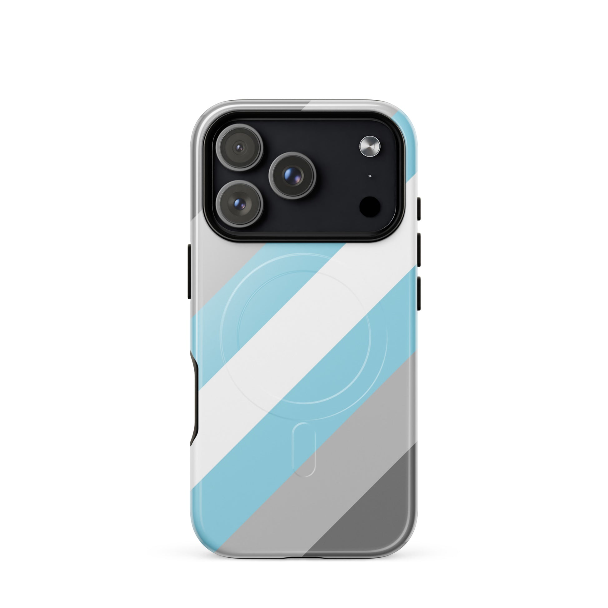 apple iphone 17 pro magsafe phone case with demiboy pride flag design on white background