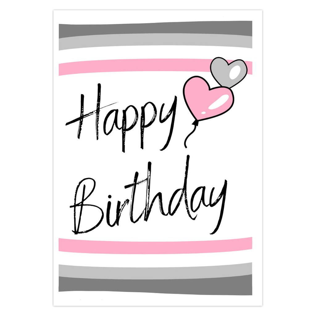 demigirl Birthday card with pink and gray stripes and a heart-shaped balloon.