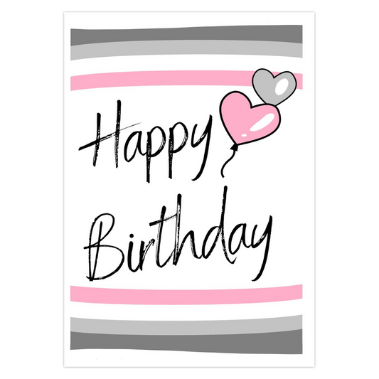 demigirl Birthday card with pink and gray stripes and a heart-shaped balloon.