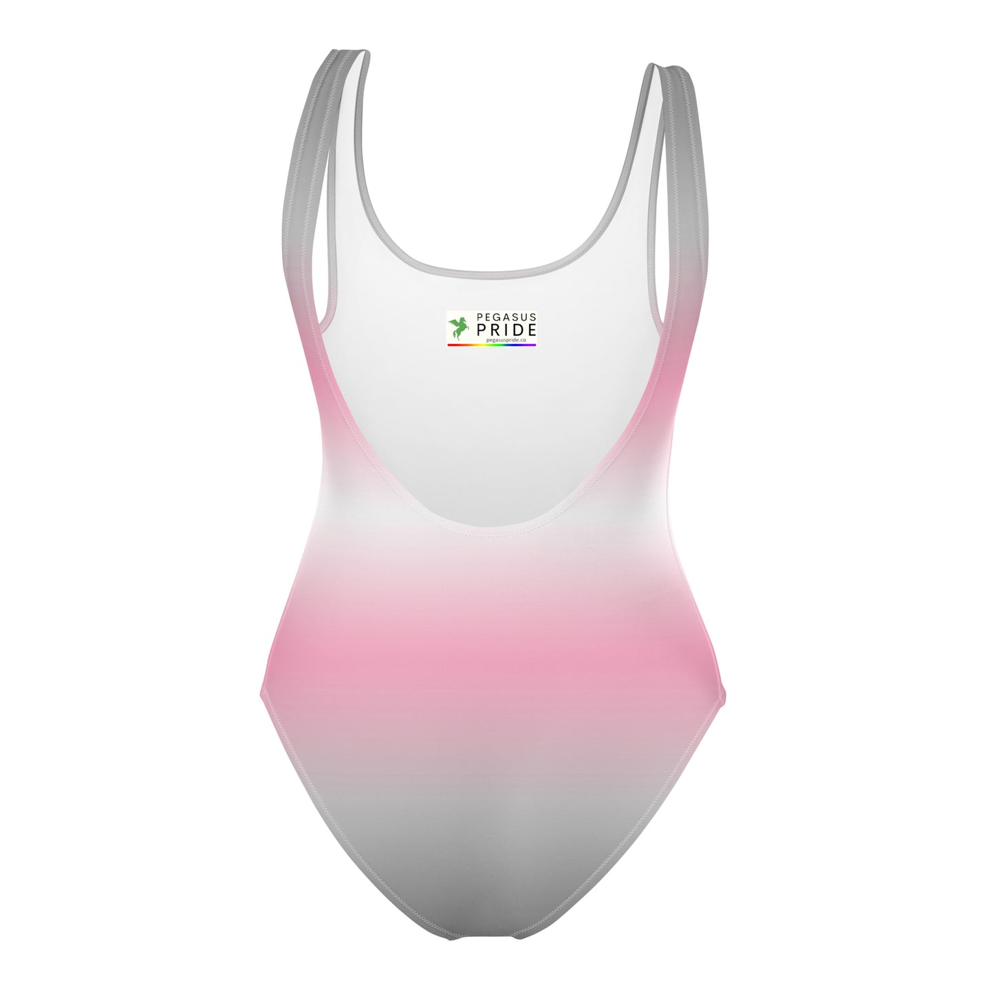 Gradient swimsuit with white, pink, and gray colors on a white background