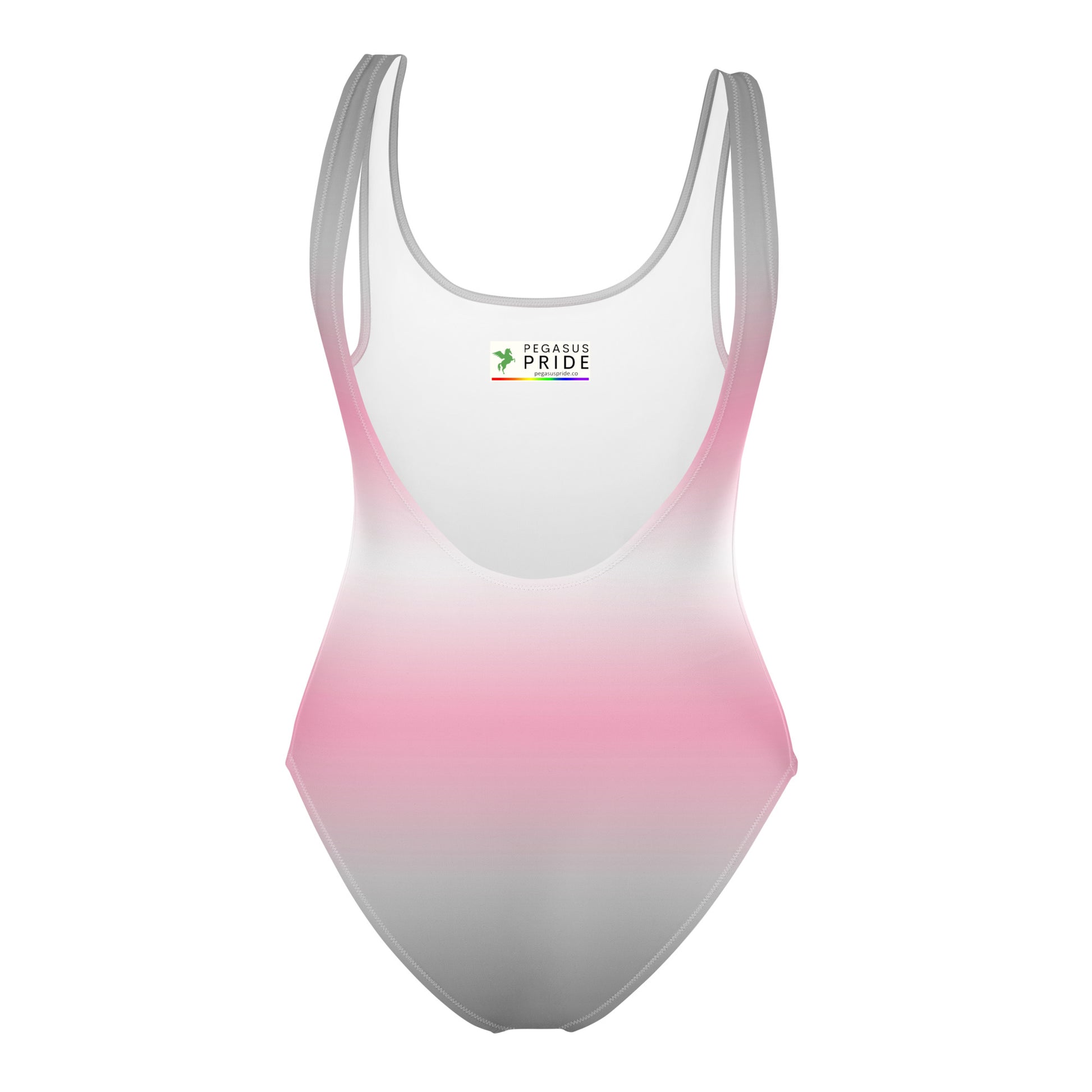 Gradient swimsuit with white, pink, and gray colors on a white background