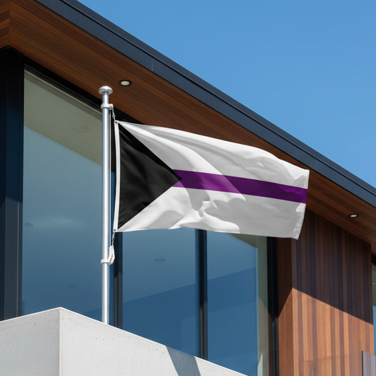 demisexual pride flag with a black arrow on the left pointing to the right with a white stripe at top, followed by a smaller purple stripe in middle, and light grey at bottom