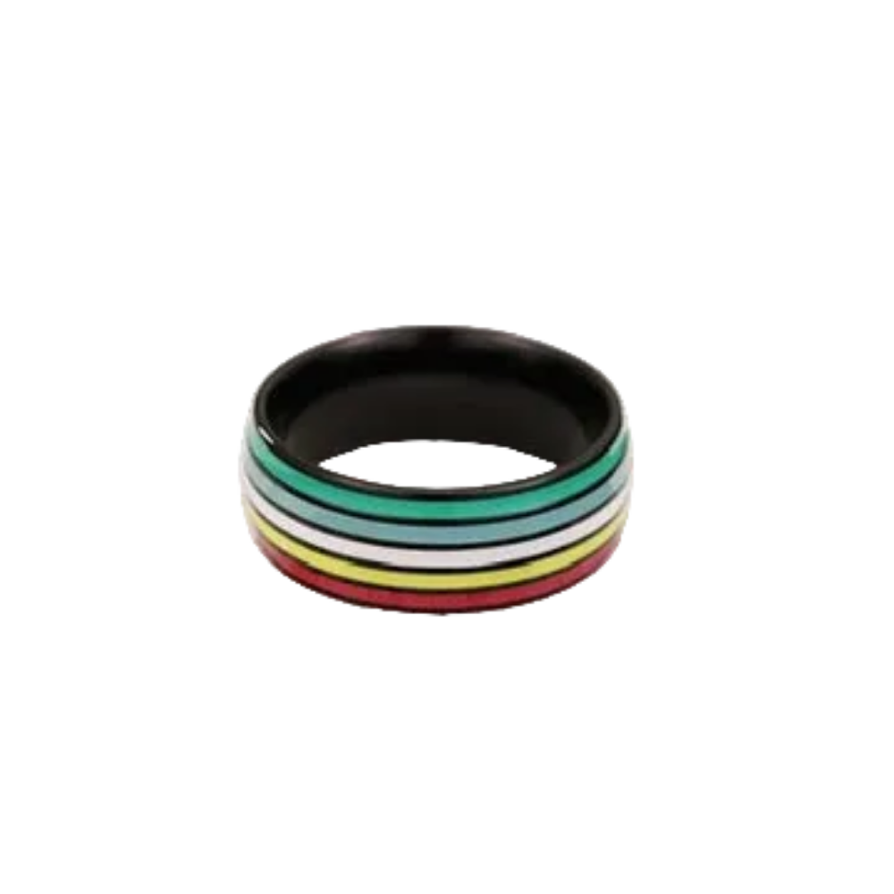 Black ring with disability pride stripes on a white background