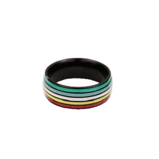 Black ring with disability pride stripes on a white background