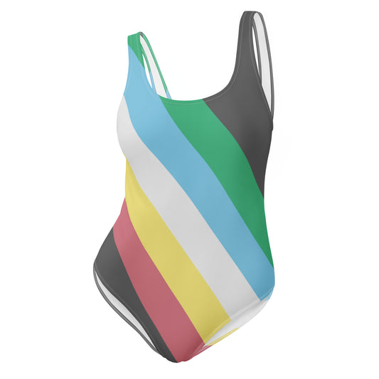 Multicolored swimsuit with a disability pride striped pattern on a white background
