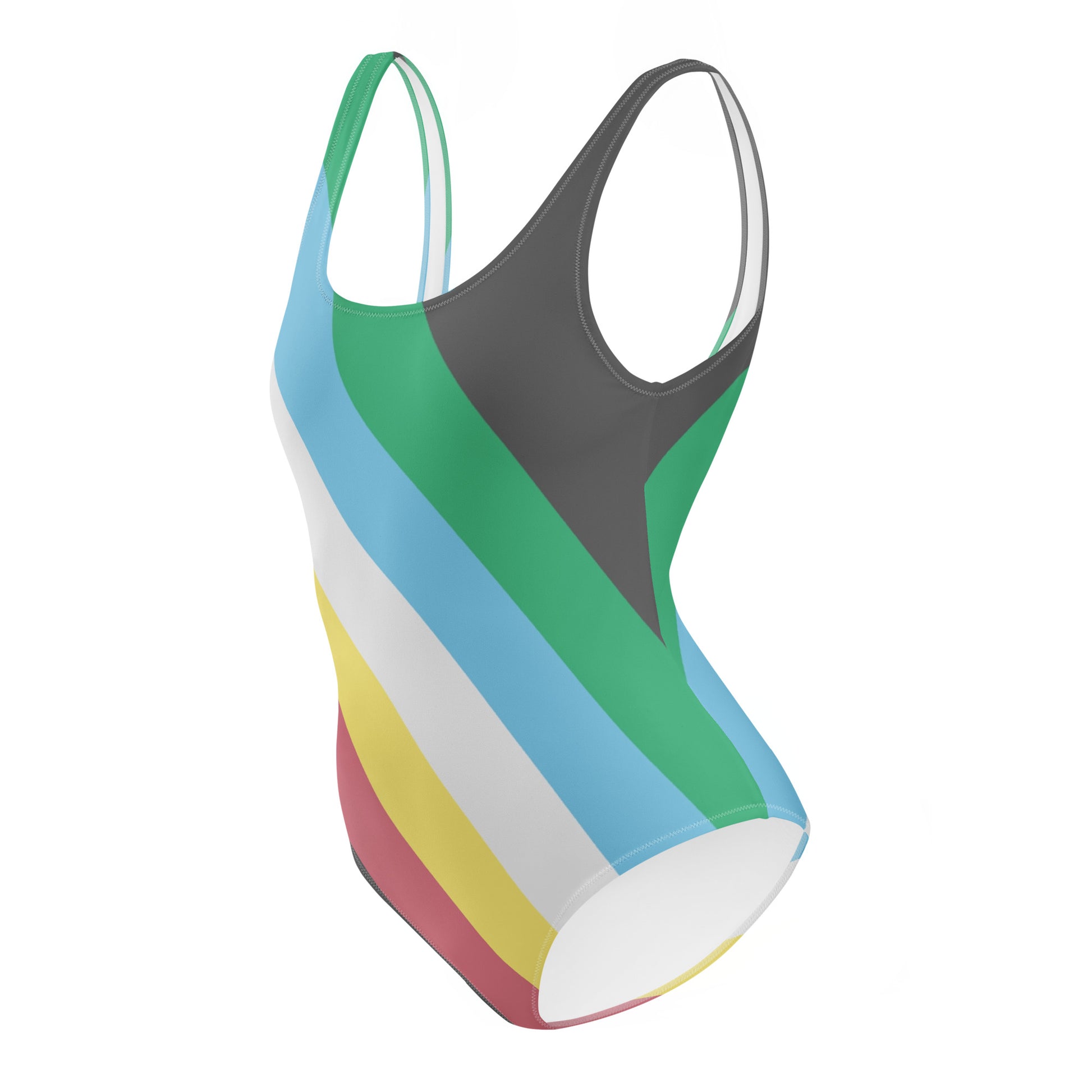 Multicolored swimsuit with a striped pattern on a white background